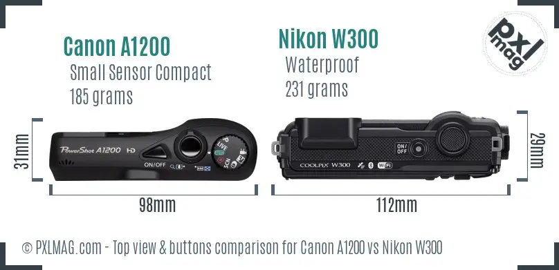 Canon A1200 vs Nikon W300 top view buttons comparison
