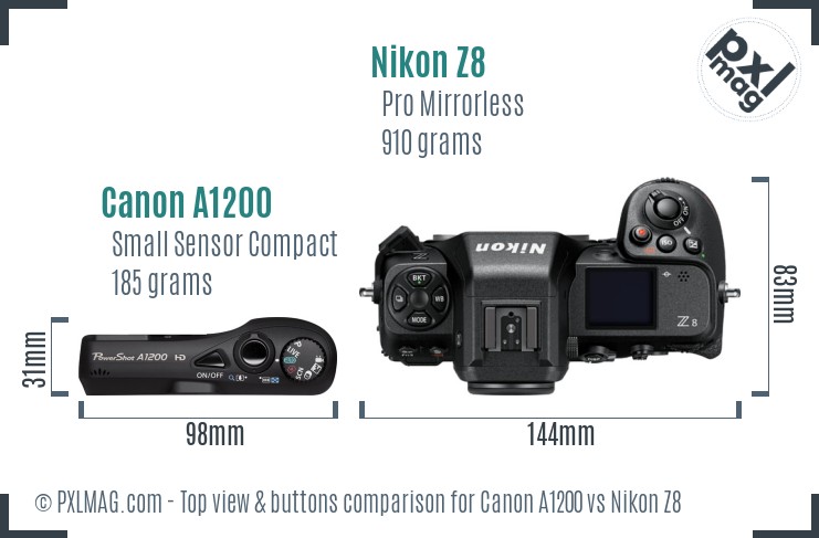 Canon A1200 vs Nikon Z8 top view buttons comparison