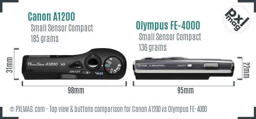 Canon A1200 vs Olympus FE-4000 top view buttons comparison