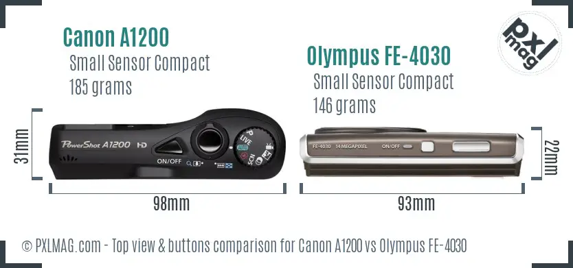 Canon A1200 vs Olympus FE-4030 top view buttons comparison