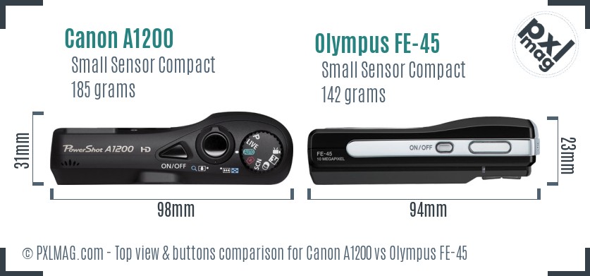 Canon A1200 vs Olympus FE-45 top view buttons comparison