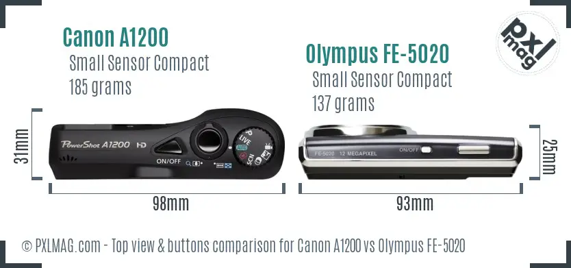 Canon A1200 vs Olympus FE-5020 top view buttons comparison