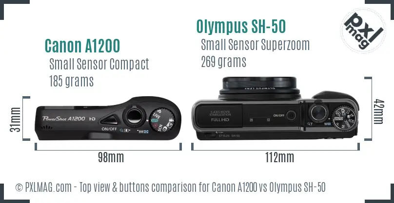 Canon A1200 vs Olympus SH-50 top view buttons comparison