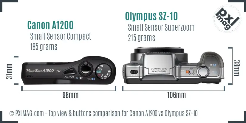 Canon A1200 vs Olympus SZ-10 top view buttons comparison Canon A1200 vs Olympus SZ-10 top view buttons comparison
