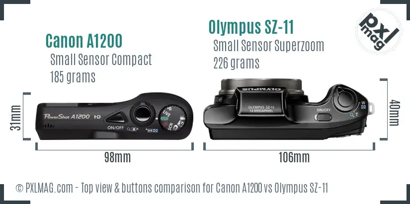 Canon A1200 vs Olympus SZ-11 top view buttons comparison Canon A1200 vs Olympus SZ-11 top view buttons comparison