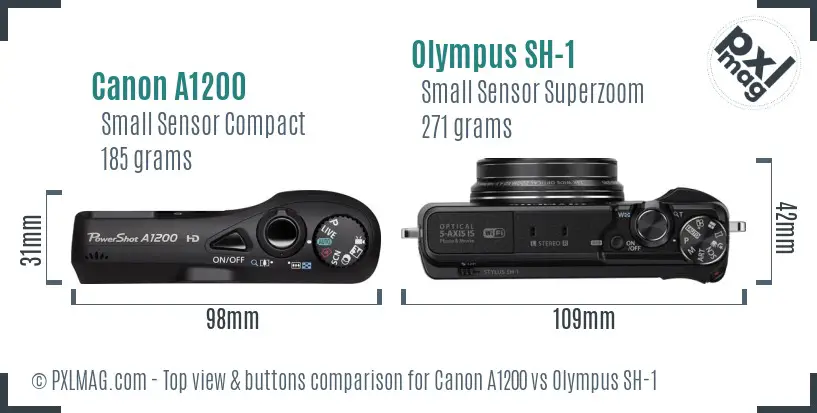 Canon A1200 vs Olympus SH-1 top view buttons comparison