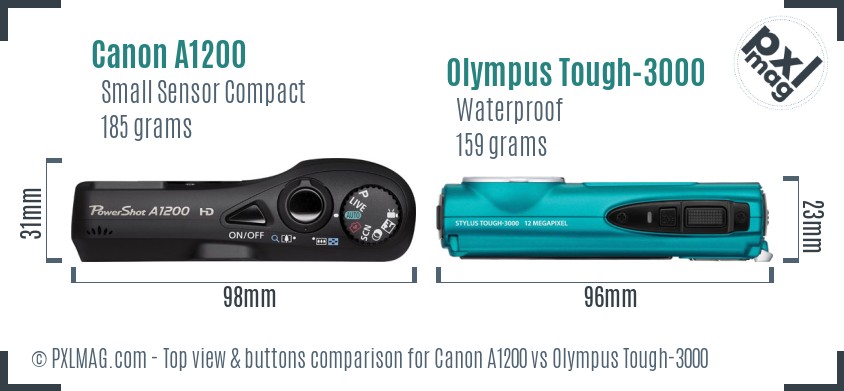 Canon A1200 vs Olympus Tough-3000 top view buttons comparison