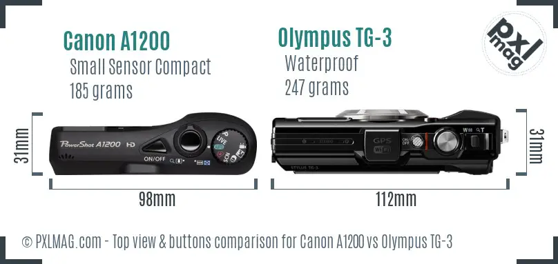 Canon A1200 vs Olympus TG-3 top view buttons comparison