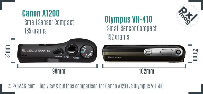 Canon A1200 vs Olympus VH-410 top view buttons comparison Canon A1200 vs Olympus VH-410 top view buttons comparison