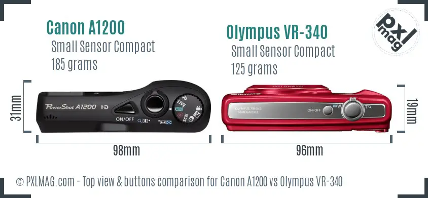 Canon A1200 vs Olympus VR-340 top view buttons comparison Canon A1200 vs Olympus VR-340 top view buttons comparison