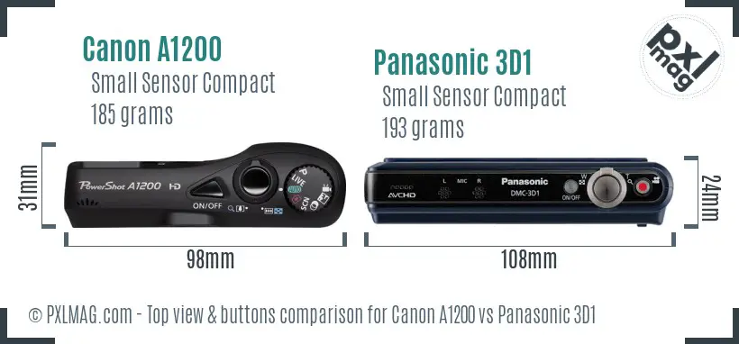 Canon A1200 vs Panasonic 3D1 top view buttons comparison