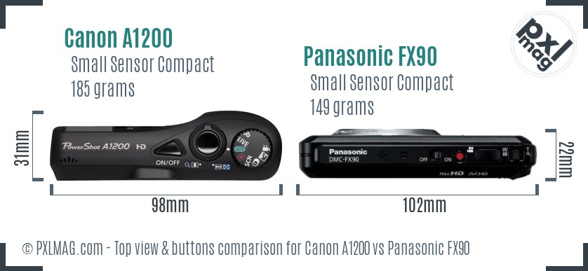 Canon A1200 vs Panasonic FX90 top view buttons comparison