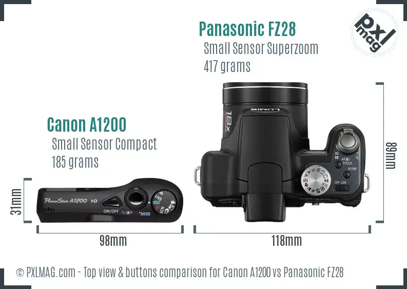 Canon A1200 vs Panasonic FZ28 top view buttons comparison
