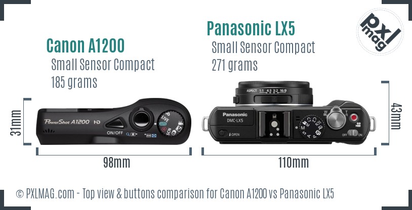 Canon A1200 vs Panasonic LX5 top view buttons comparison