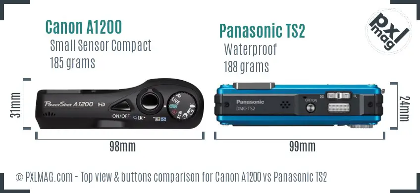 Canon A1200 vs Panasonic TS2 top view buttons comparison Canon A1200 vs Panasonic TS2 top view buttons comparison