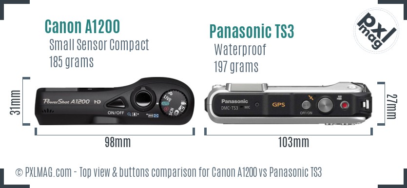 Canon A1200 vs Panasonic TS3 top view buttons comparison