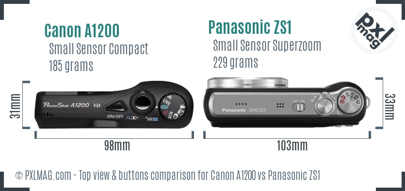 Canon A1200 vs Panasonic ZS1 top view buttons comparison