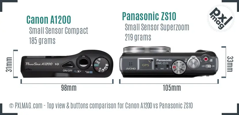 Canon A1200 vs Panasonic ZS10 top view buttons comparison