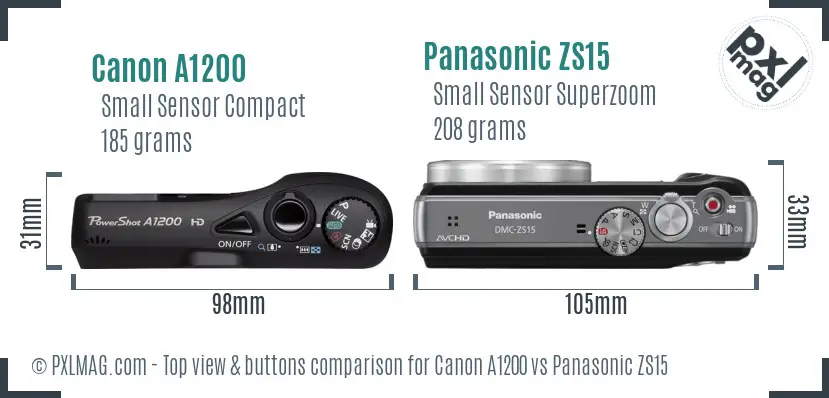 Canon A1200 vs Panasonic ZS15 top view buttons comparison