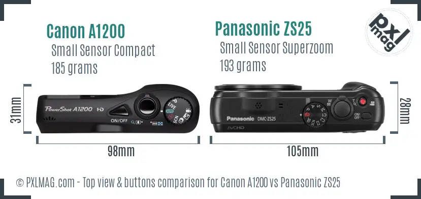 Canon A1200 vs Panasonic ZS25 top view buttons comparison