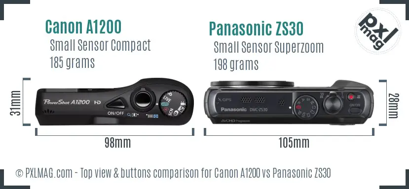Canon A1200 vs Panasonic ZS30 top view buttons comparison