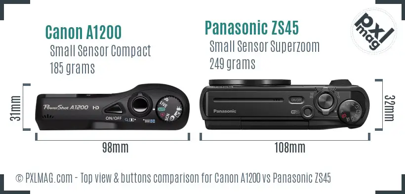 Canon A1200 vs Panasonic ZS45 top view buttons comparison Canon A1200 vs Panasonic ZS45 top view buttons comparison