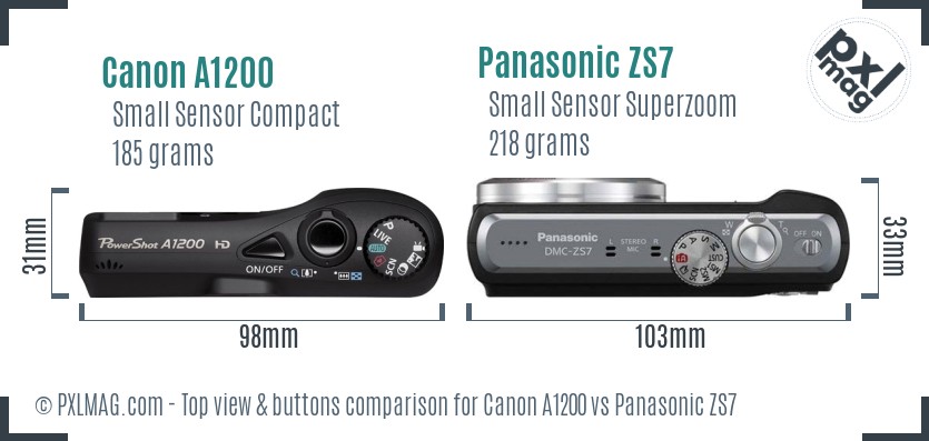 Canon A1200 vs Panasonic ZS7 top view buttons comparison