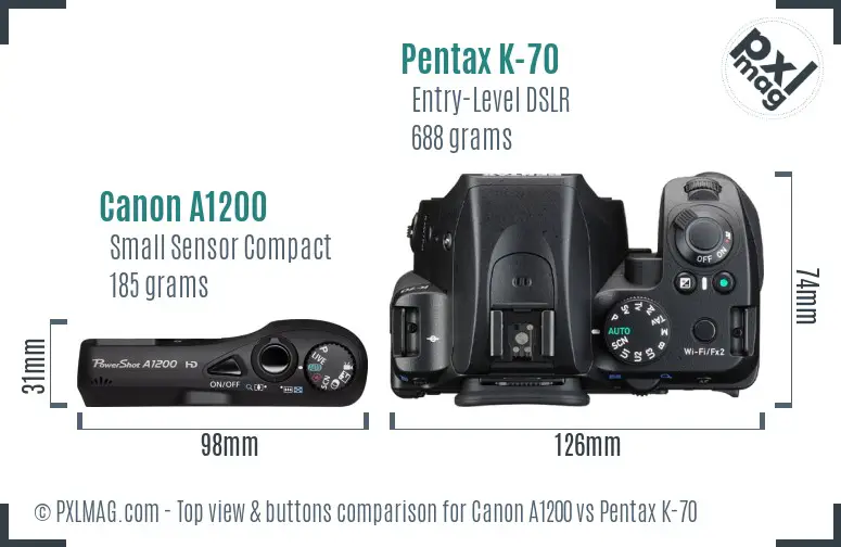 Canon A1200 vs Pentax K-70 top view buttons comparison
