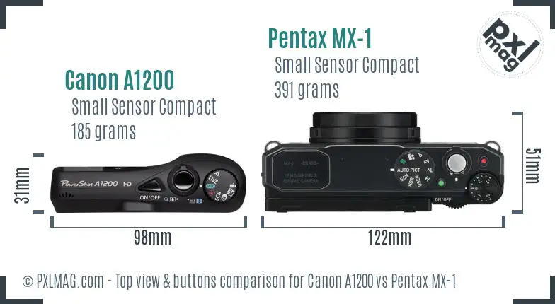 Canon A1200 vs Pentax MX-1 top view buttons comparison