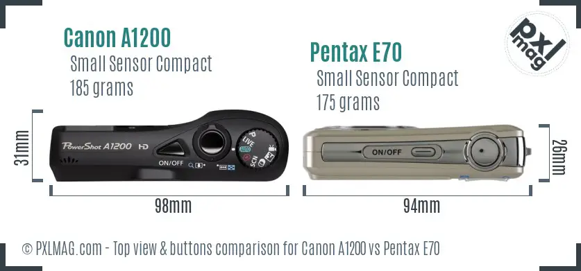 Canon A1200 vs Pentax E70 top view buttons comparison