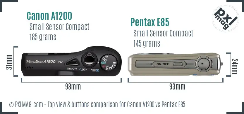 Canon A1200 vs Pentax E85 top view buttons comparison