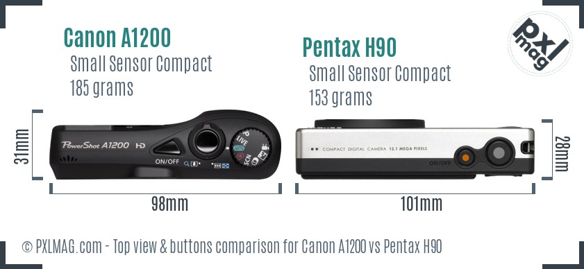 Canon A1200 vs Pentax H90 top view buttons comparison