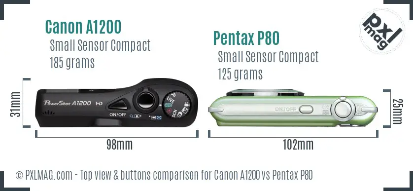 Canon A1200 vs Pentax P80 top view buttons comparison