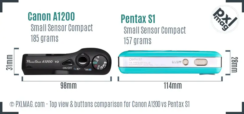 Canon A1200 vs Pentax S1 top view buttons comparison
