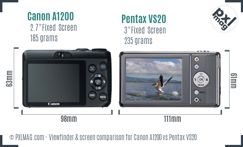 Canon A1200 vs Pentax VS20 Screen and Viewfinder comparison