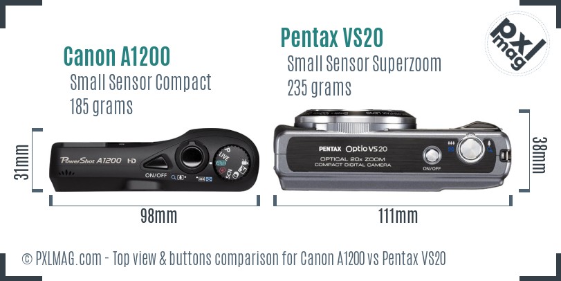 Canon A1200 vs Pentax VS20 top view buttons comparison