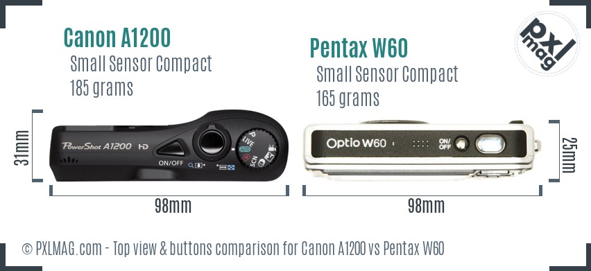 Canon A1200 vs Pentax W60 top view buttons comparison