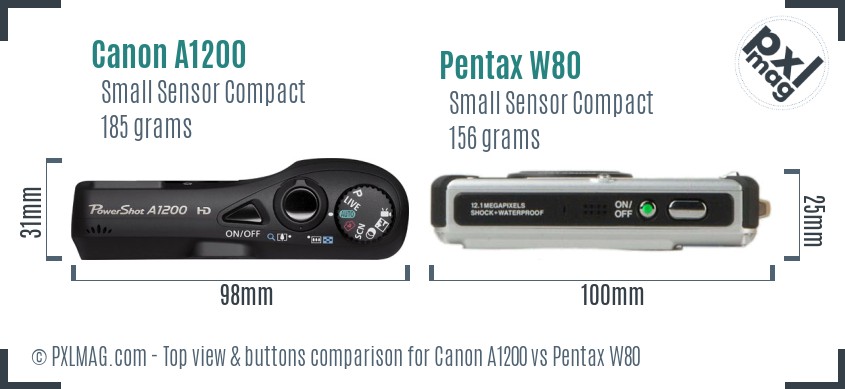 Canon A1200 vs Pentax W80 top view buttons comparison