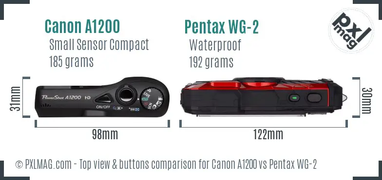 Canon A1200 vs Pentax WG-2 top view buttons comparison