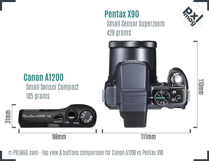 Canon A1200 vs Pentax X90 top view buttons comparison