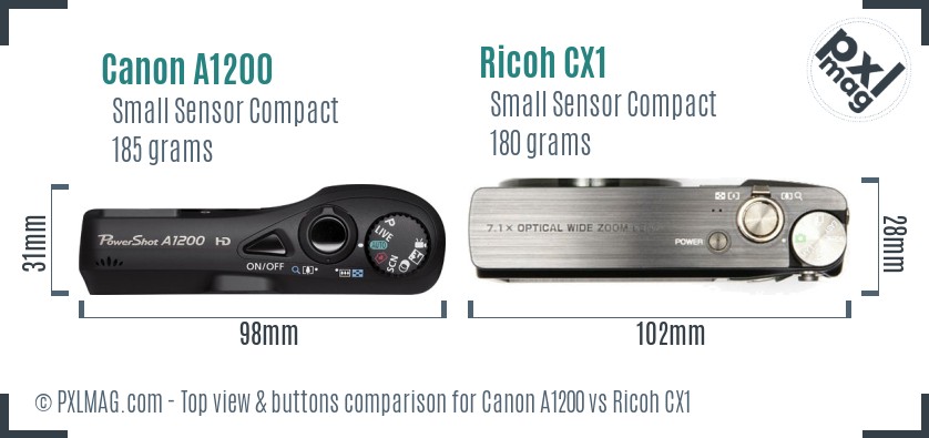 Canon A1200 vs Ricoh CX1 top view buttons comparison