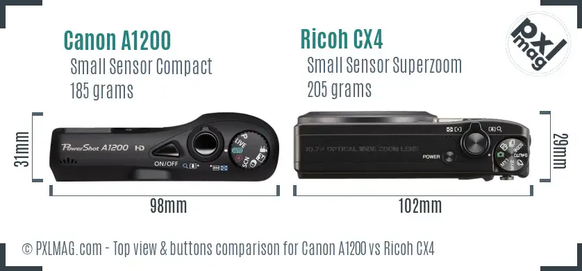 Canon A1200 vs Ricoh CX4 top view buttons comparison Canon A1200 vs Ricoh CX4 top view buttons comparison