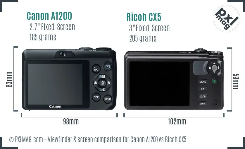 Canon A1200 vs Ricoh CX5 Screen and Viewfinder comparison