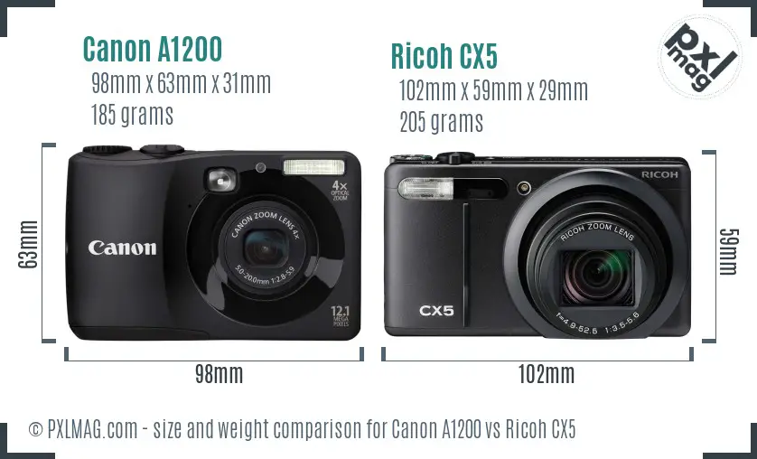 Canon A1200 vs Ricoh CX5 size comparison Canon A1200 vs Ricoh CX5 size comparison