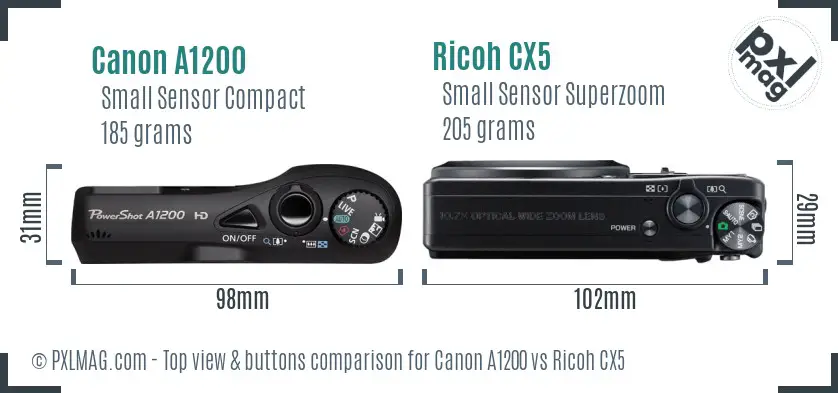 Canon A1200 vs Ricoh CX5 top view buttons comparison