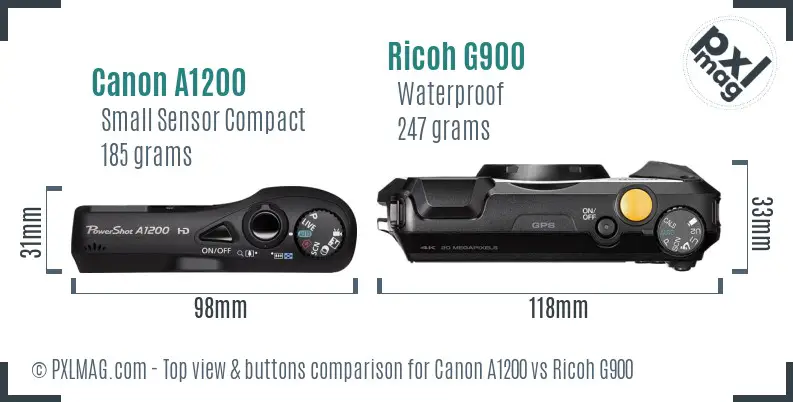 Canon A1200 vs Ricoh G900 top view buttons comparison