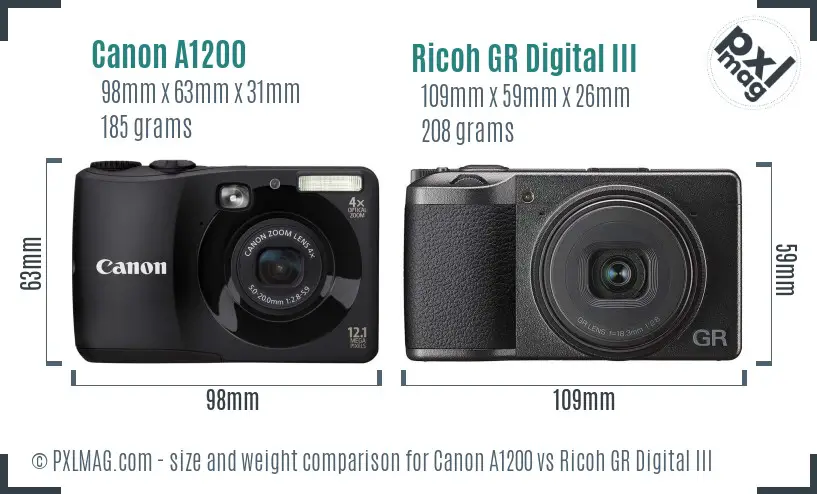 Canon A1200 vs Ricoh GR Digital III size comparison