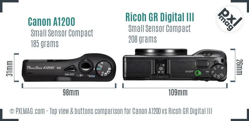 Canon A1200 vs Ricoh GR Digital III top view buttons comparison