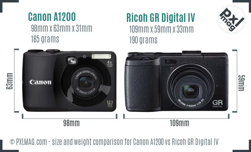 Canon A1200 vs Ricoh GR Digital IV size comparison