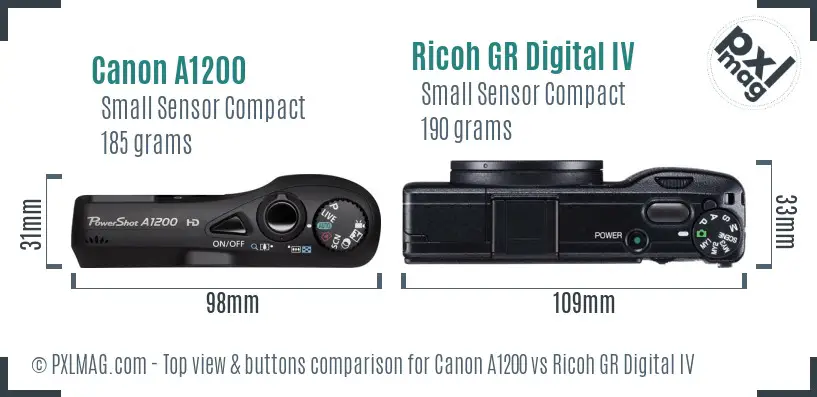 Canon A1200 vs Ricoh GR Digital IV top view buttons comparison